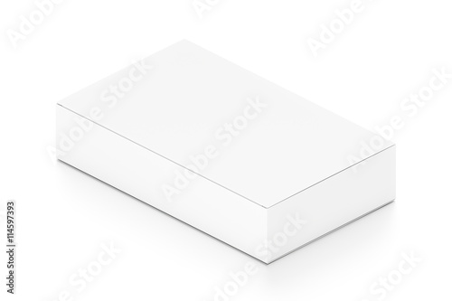 White wide flat horizontal rectangle blank box from isometric angle. © Mockup Cake