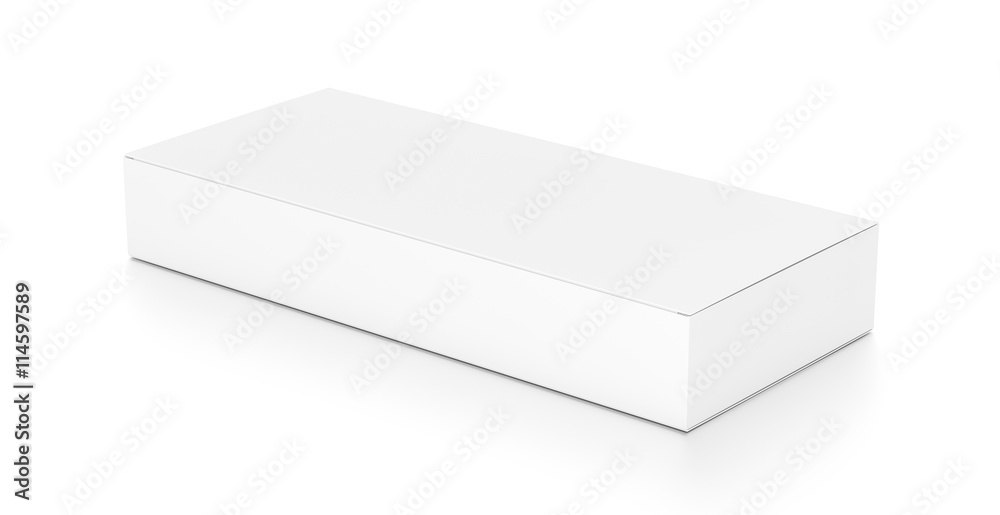 White wide flat horizontal rectangle blank box from top side angle. White wide flat horizontal rectangle blank box from top side angle.