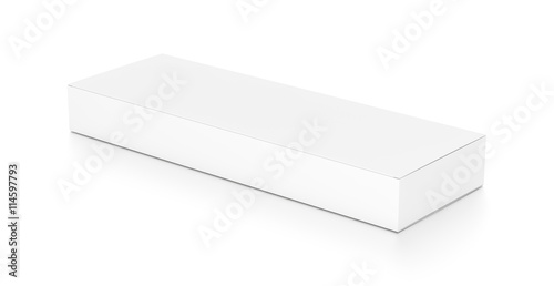 White wide flat horizontal rectangle blank box from top side angle. © Mockup Cake