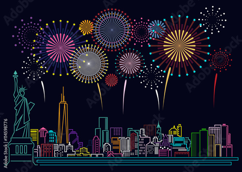 Cityscape Building Line new york city and firework art Vector Illustration design