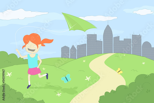 Girl playing with green kite