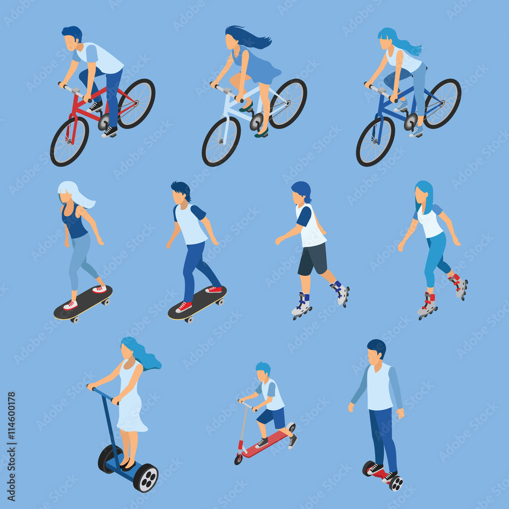 Isometric Boy, girl and kid riding bicycle, skateboard, scooter Stock  Vector | Adobe Stock