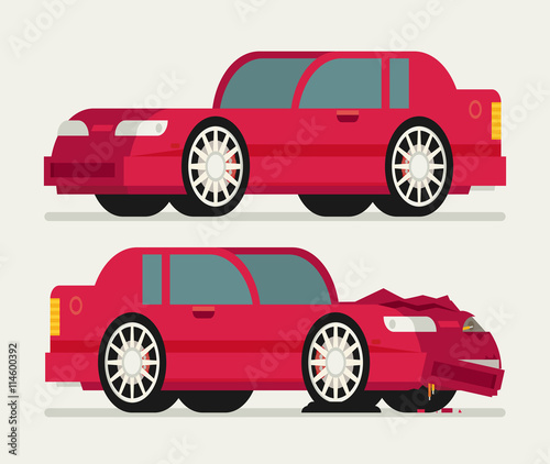 Flat car vehicle before and after car crash road accident.