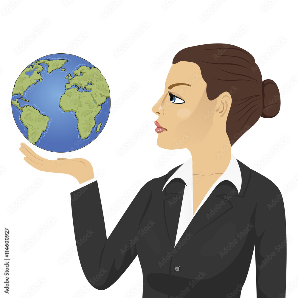 Side view of young businesswoman holding globe and looking at it Side view of young businesswoman holding globe and looking at it
