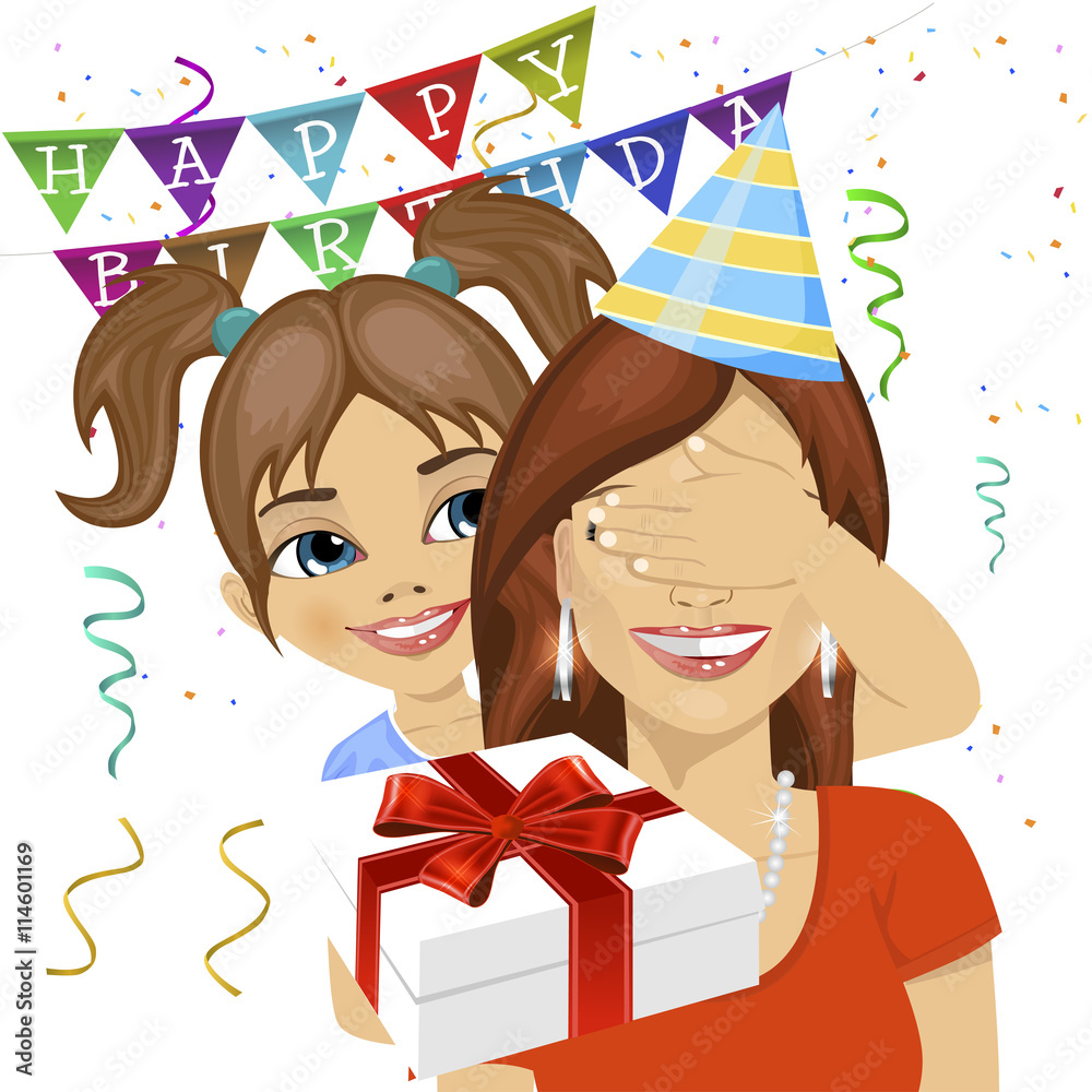 Cute Daughter Covering Her Mother Eyes Giving Surprise T At Birthday Anniversary Party Vector