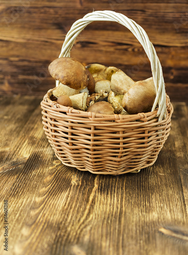 White mushrooms in rustic wicker basket.