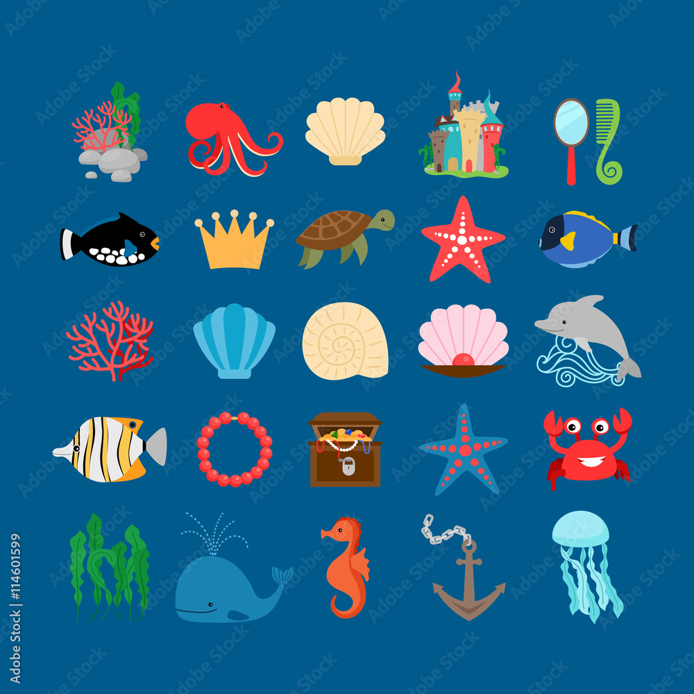 Fototapeta premium Underwater set. Marine life and underwater plants, treasure and cartoon ocean animals. Vector illustration