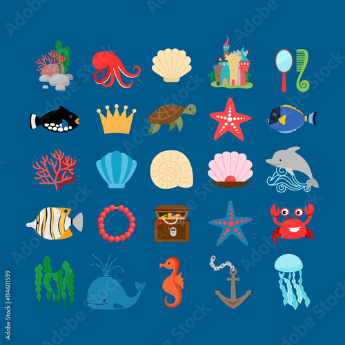 Underwater set. Marine life and underwater plants, treasure and cartoon ocean animals. Vector illustration