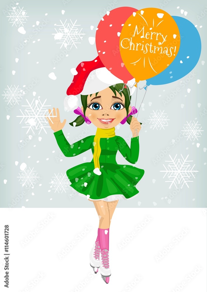 little girl skating ourdoors wearing santa hat holding balloons with merry christmas text little girl skating ourdoors wearing santa hat holding balloons with merry christmas text