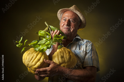 Satisfied farmer keep in his hands two giant cedars fruit. Studio portrait, yellow and black background photo