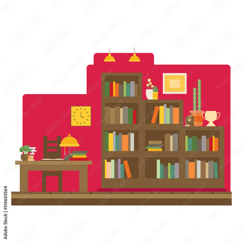 Cabinet and library. Books and knowledge. Vector flat