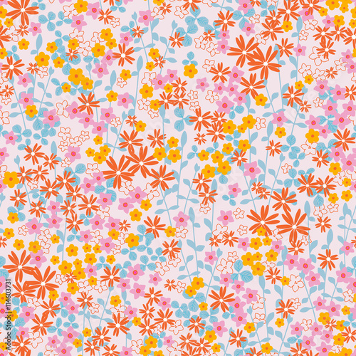 Gentle romantic seamless romantic naive flower ditsy pattern with leaves, wild flowers, spring summer time, nature in bloom, colorful floral background allover print 