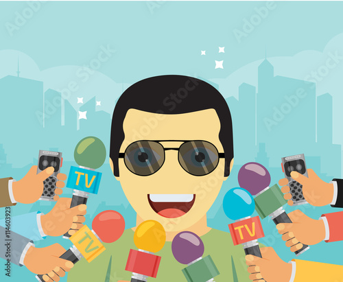 vector live report concept, live news, hands of journalists 