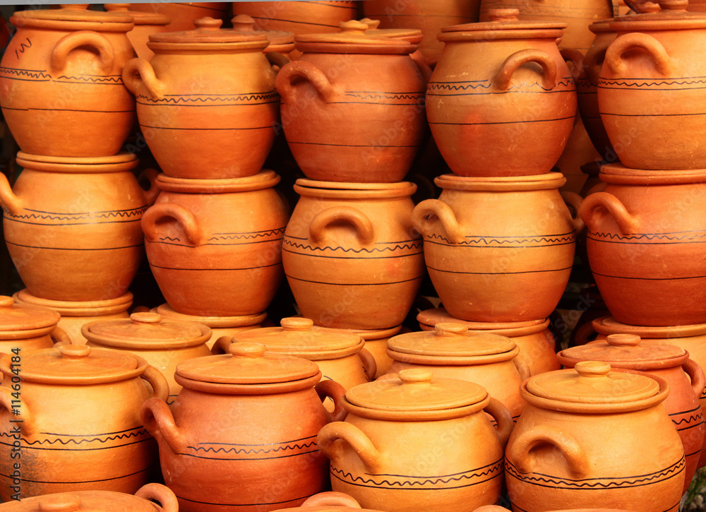 Traditional handmade pottery on display at street market in Tbilisi, Georgia Traditional handmade pottery on display at street market in Tbilisi, Georgia