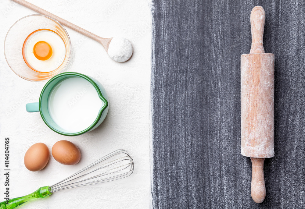 Baking and cooking concept, variety of ingredients and utensils Baking and cooking concept, variety of ingredients and utensils
