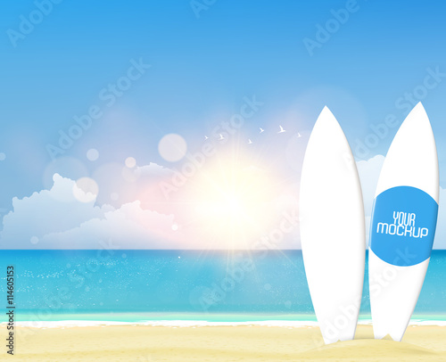 Vector summer background with white surf boards mockup. Realistic vector illustration eps 10-

