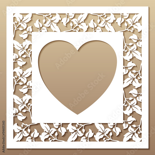 Openwork square frame with leaves and heart.