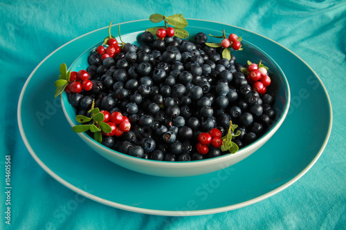 Delicious ripe blueberries in a blue Cup is on the blue tablecloth