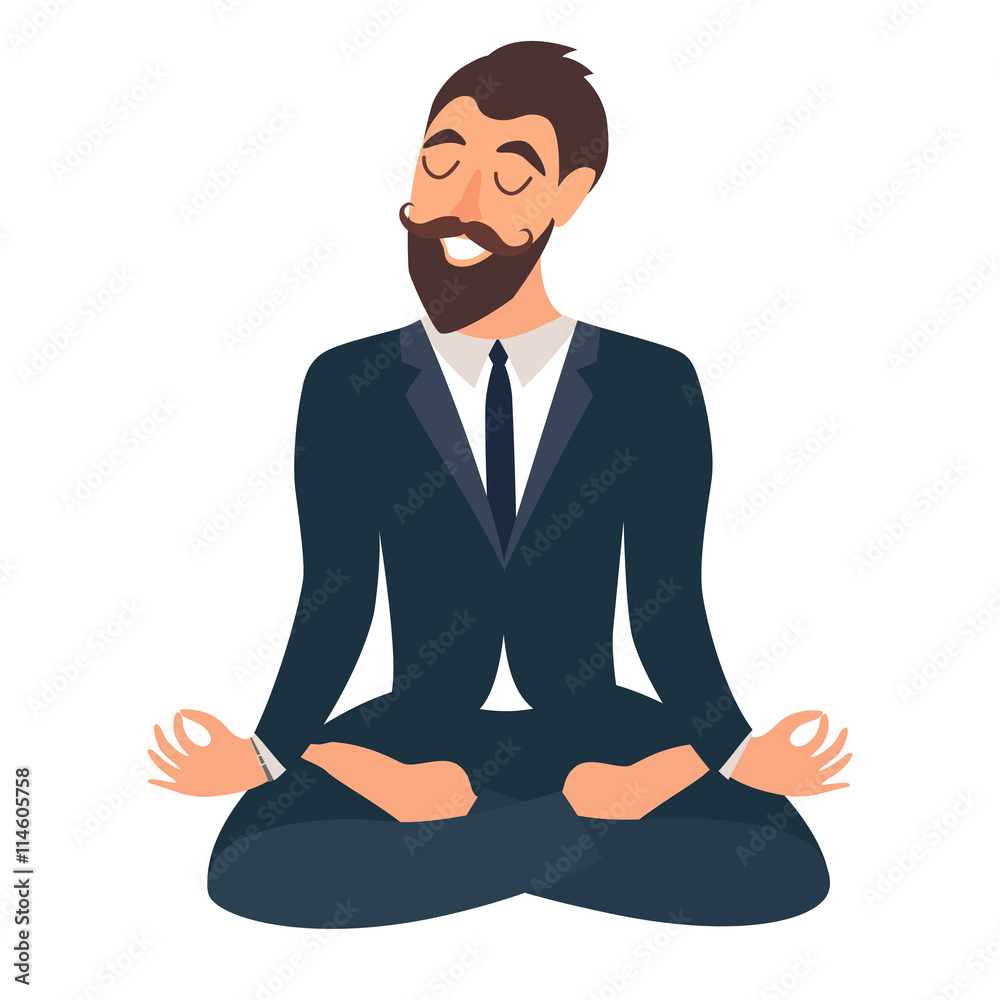 Businessman meditating. Concept of calm business, work at office. Happy  worker. Businessman in yoga pose, lotus position. Business relax. Cartoon  style vector illustration isolated on white background Stock Vector | Adobe  Stock