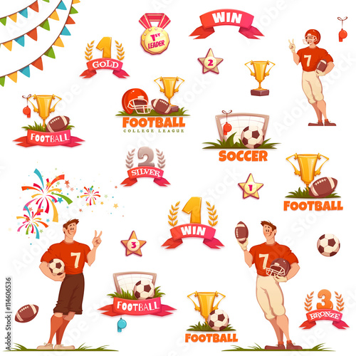 Banner set with football ball, sportsman and goblet. Vector illustration.