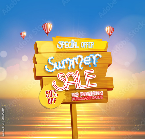 summer sale template, vector illustration, with sunset on beach.


