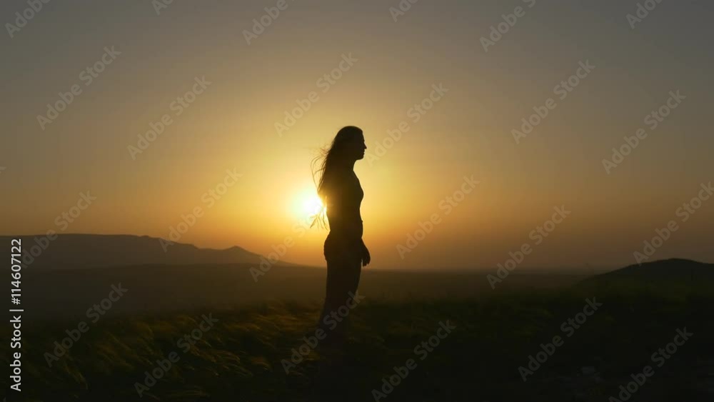 Silhouette of the woman with flattering in the wind hair Silhouette of the woman with flattering in the wind hair