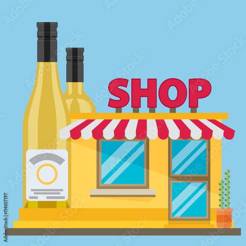 The front facade of the liquor store. Flat style. 