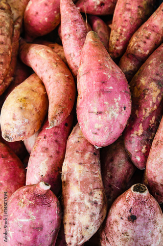 Raw sweet potatoes, sweet potato in the market.