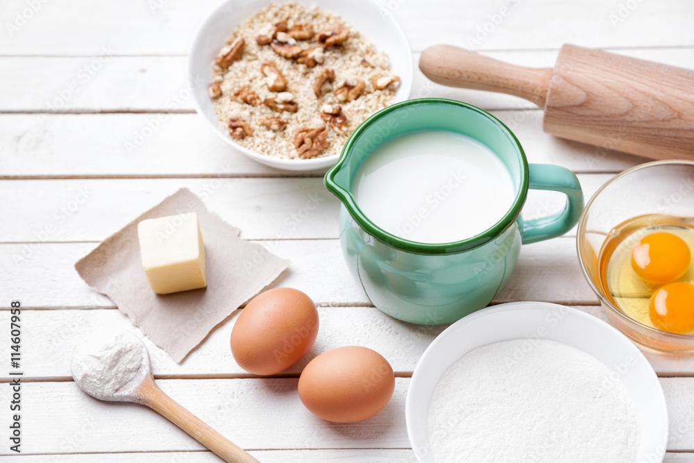 Baking and cooking concept, variety of ingredients and utensils Baking and cooking concept, variety of ingredients and utensils