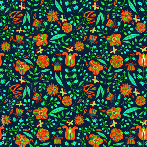 vector floral seamless pattern with colorful blooming flowers and leafs