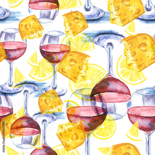 Vintage, watercolor pattern - illustration piece of cheese, glass of red wine, lemons. Picture made for design 