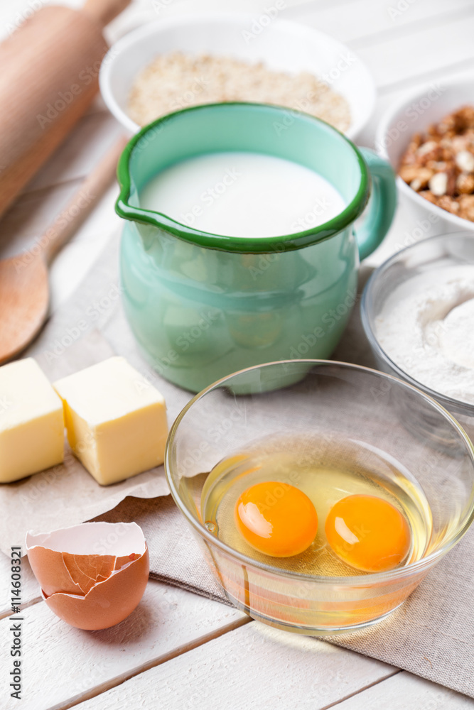Baking and cooking concept, variety of ingredients and utensils Baking and cooking concept, variety of ingredients and utensils