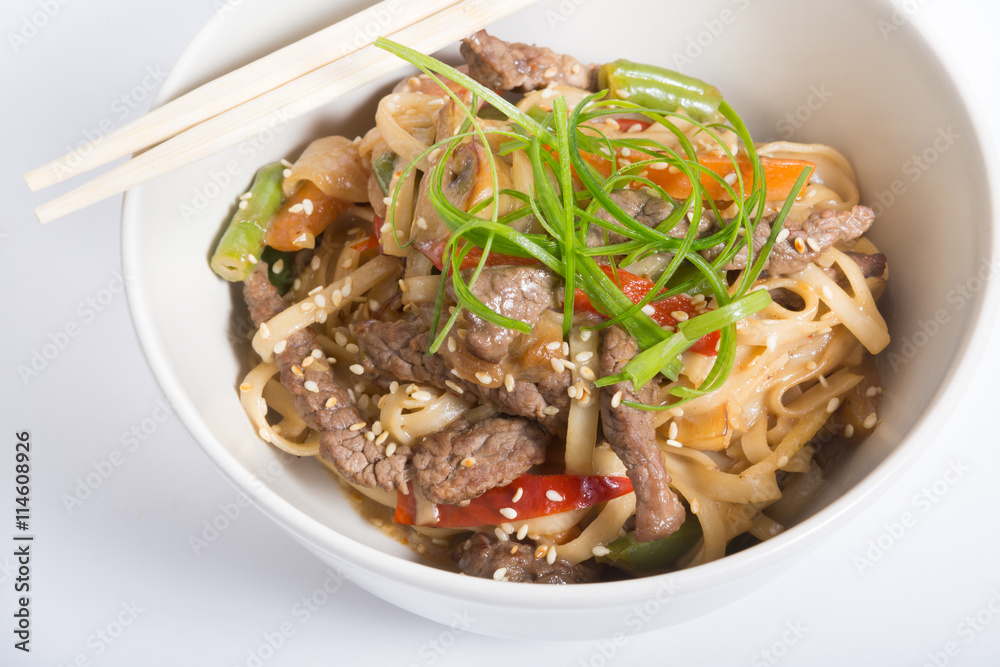 Beef wok noodles with chopsticks Beef wok noodles with chopsticks