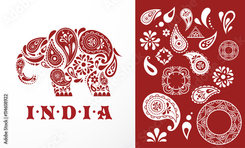 India - parsley patterned elephant, oriental Indian icon and illustration