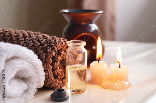 Spa set with essential oils  towel and aromatic candles 