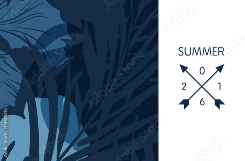 Blue indigo summer tropical hawaiian background with palm tree leaves and exotic flowers