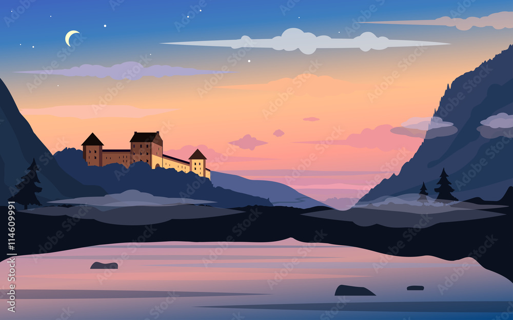 Old castle on a sunset background. Landscape with hills and a lake in a fog. Vector background with separated layers for game. Template of banner, backdrop, poster in cartoon style. Screensaver design