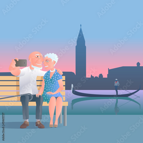 Old people travel to Italy, Venice vector illustration