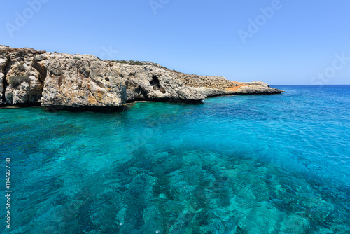 Pirate bay in protaras paralimni, immaculate water, blue sea and rocks, cyprus island