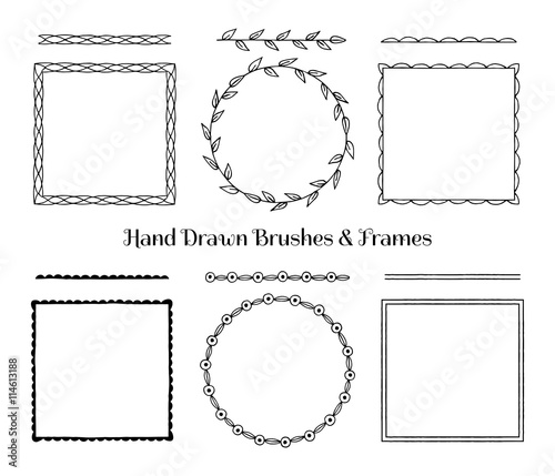 Collection of hand drawn frames and brushes. Vector illustration.