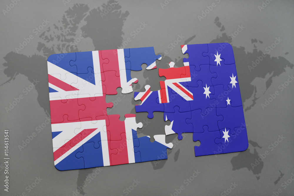 puzzle with the national flag of great britain and australia on a world ...