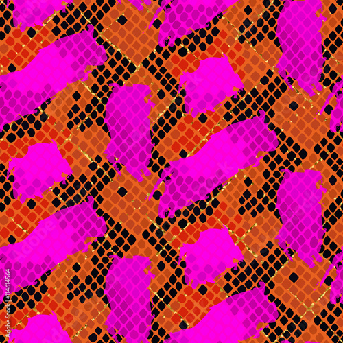Snake skin red seamless vector texture. Red and pink tone colors snake pattern ornament for textile fabric. Artificial reptile leather pattern with brush strokes and gold details.