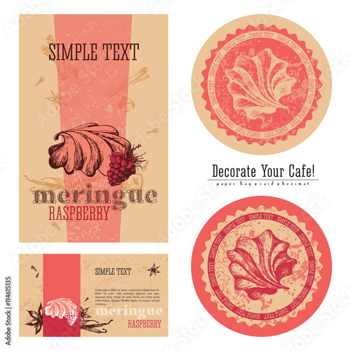 Raspberry meringue, eco-friendly packaging design and execution of a cafe, a paper bag, business card, sticker and beermat. Decorate your cafe.