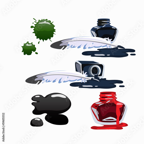 Bottled ink and fountain pen. Vector set isolated