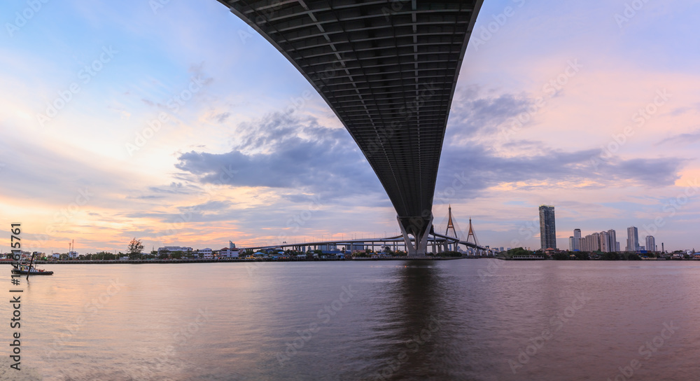 Panorama,Bridge across big  river with sky twilight background