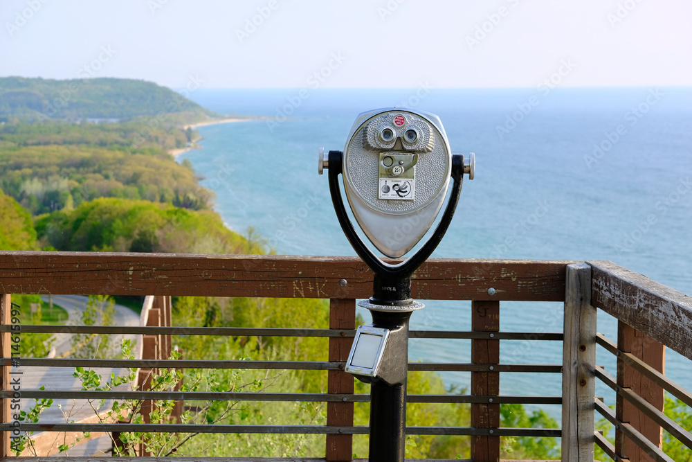 Tourist binoculars at Lake Michigan overlook Tourist binoculars at Lake Michigan overlook