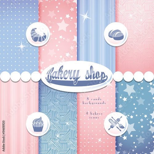 Bakery shop pink and blue background set seamless pattern