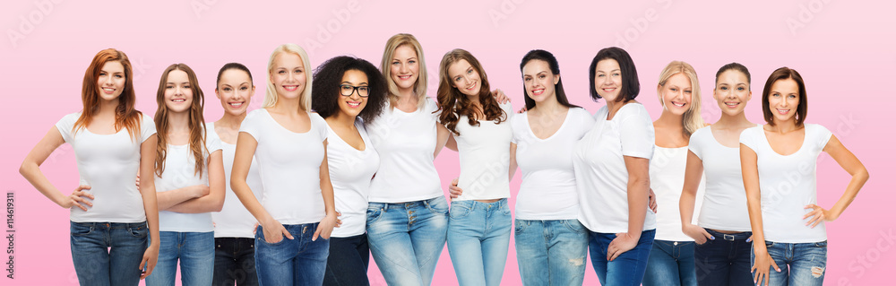 group of happy different women in white t-shirts group of happy different women in white t-shirts