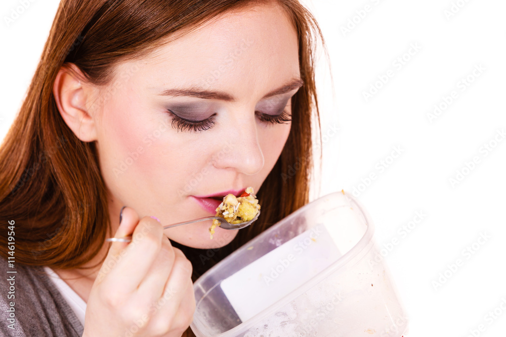 Woman eat oatmeal with dry fruits. Dieting Woman eat oatmeal with dry fruits. Dieting
