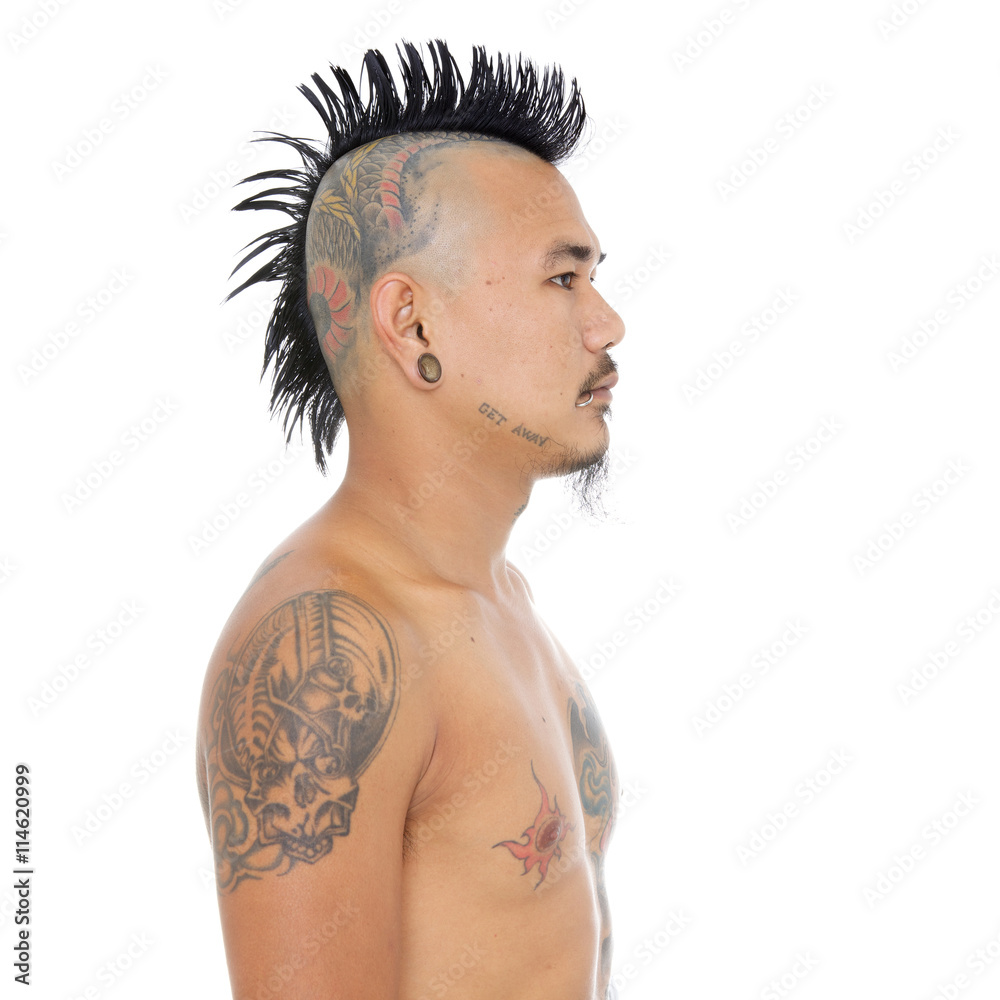 portrait of asian punk guy with mohawk hair style, head tattoo, Stock Photo  | Adobe Stock
